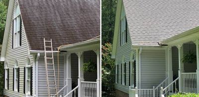 A roof before and after soft washing, black algae streaks removed